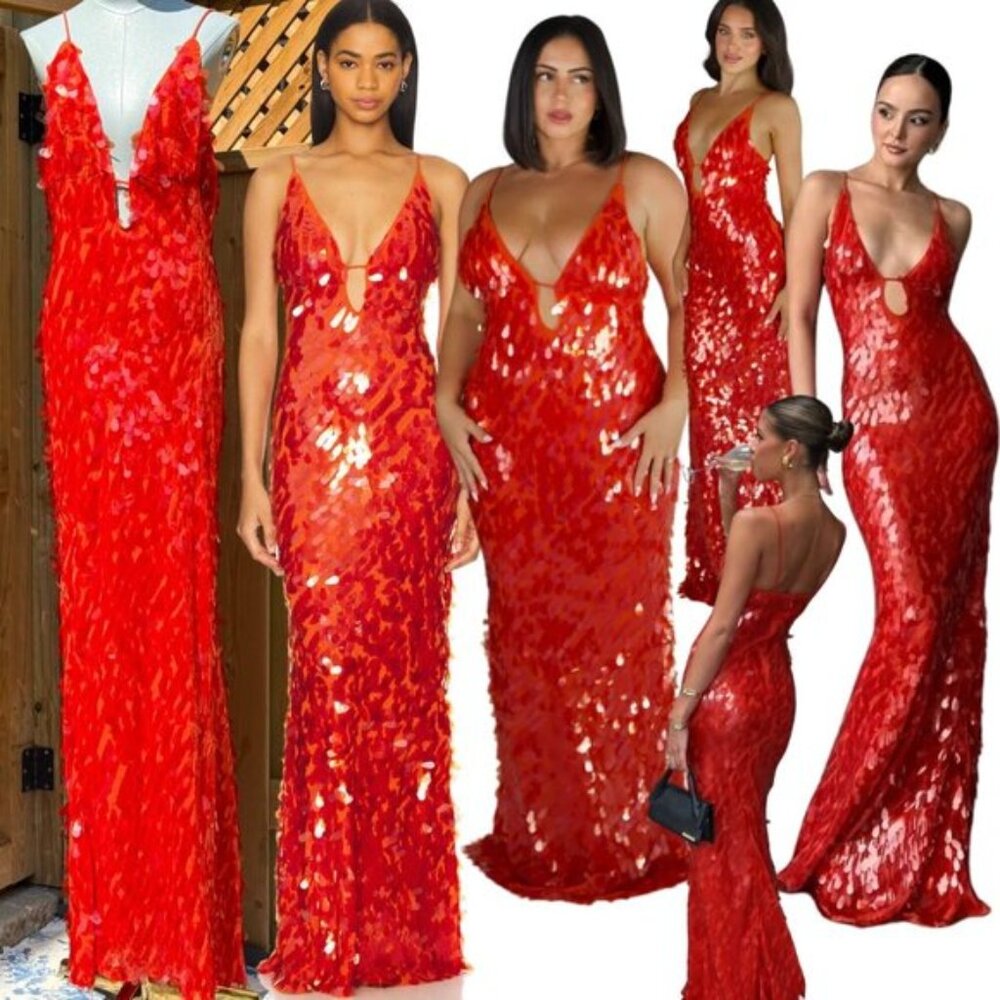 🆕 MISHA COLLECTION 🧿 NWOT Red Sapphire Sequins Maxi Dress, Sz XL US 10